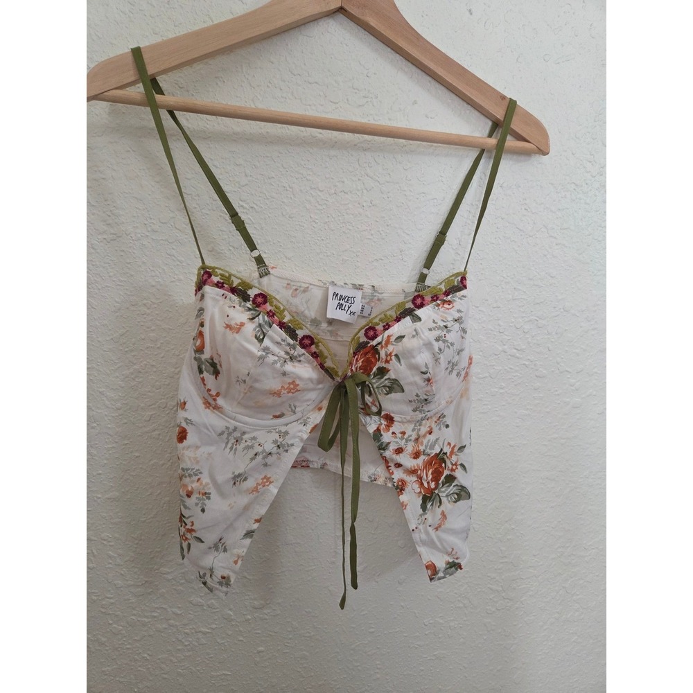 Princess Polly Floral Corset Crop Top Cream Orange Green Handkerchief Hem US 2